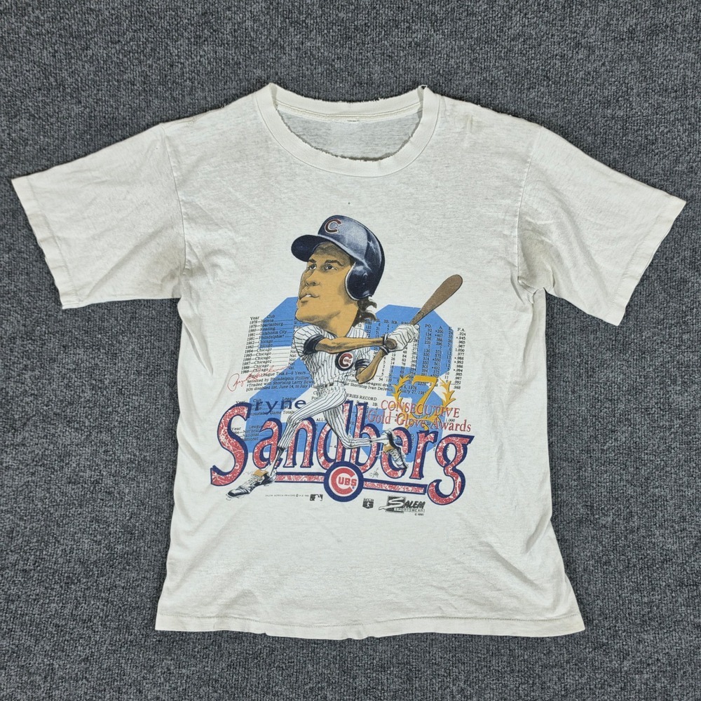Vintage 1990 Salem Sportswear Ryne Sandberg Chicago Cubs T-Shirt White MLB FLAWS